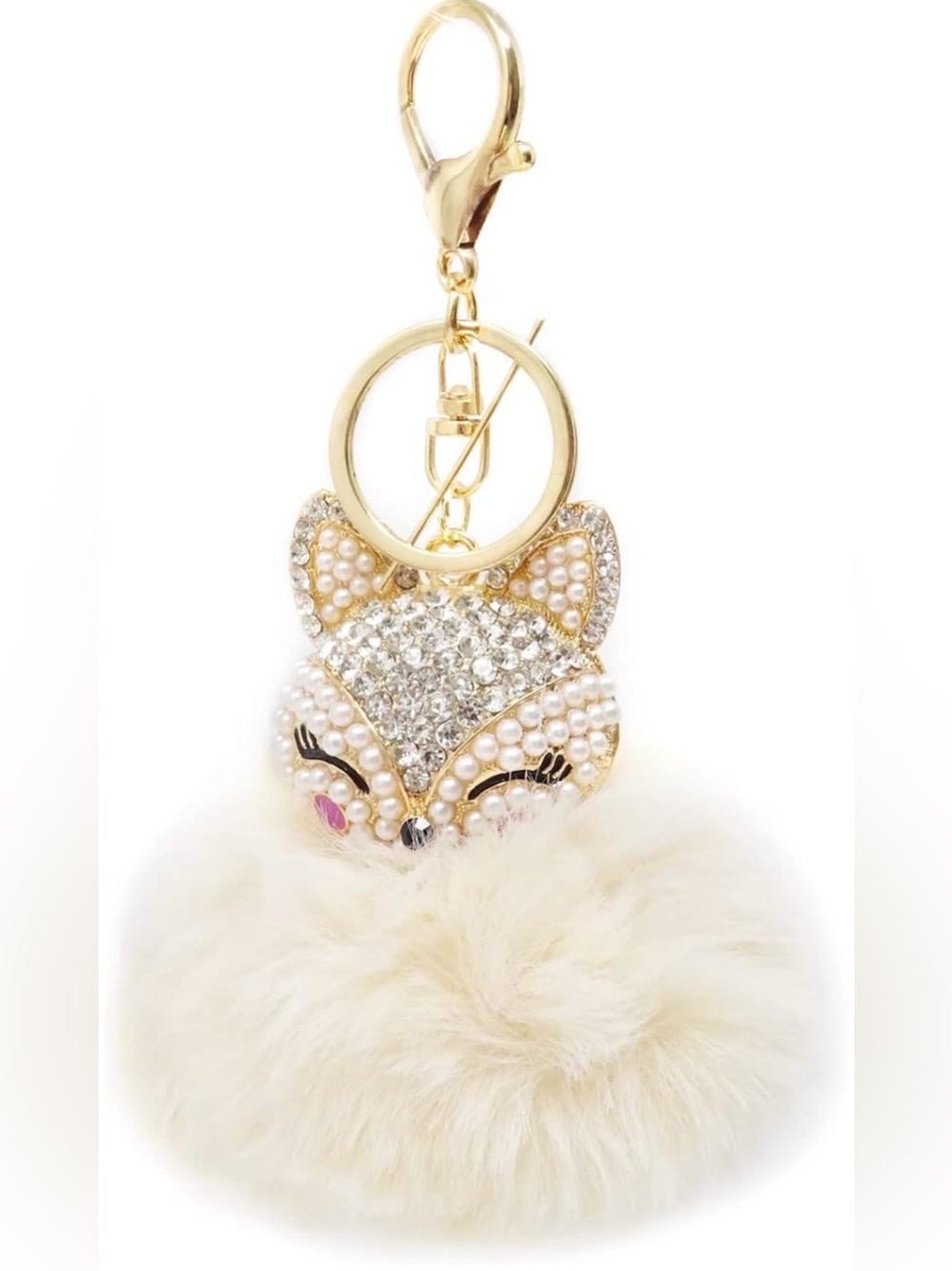 NEW Rhinestone Fox Pom Pom Bag/Purse Charm - Ivory